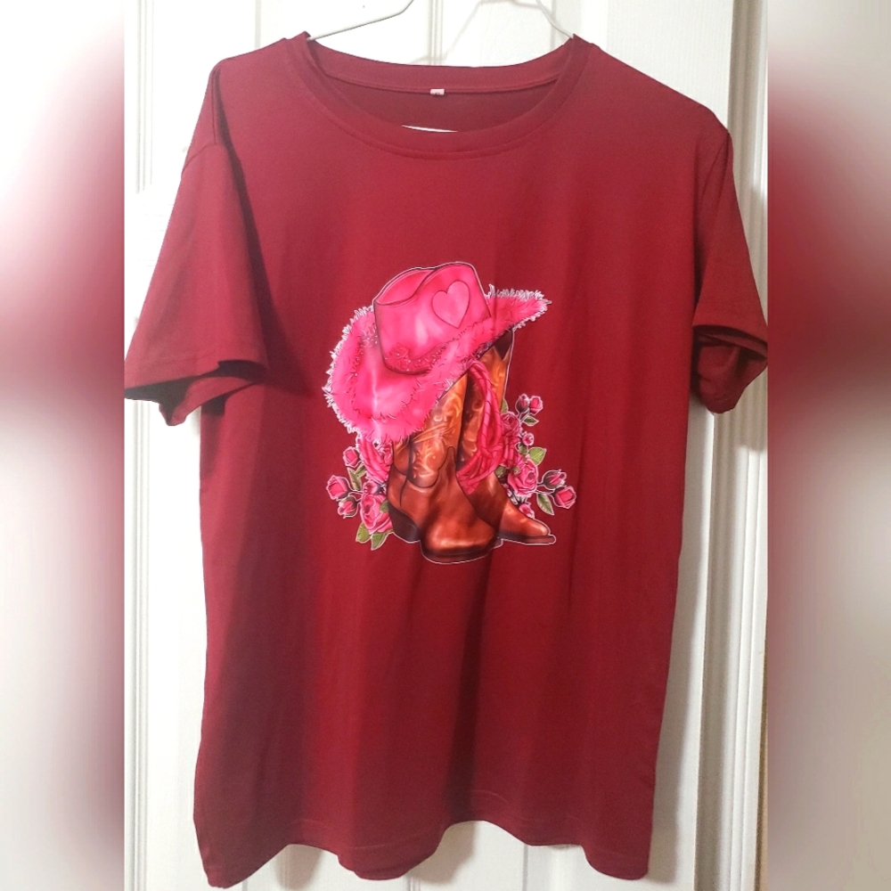 Red T-Shirt with Pink Hat and Boots Design